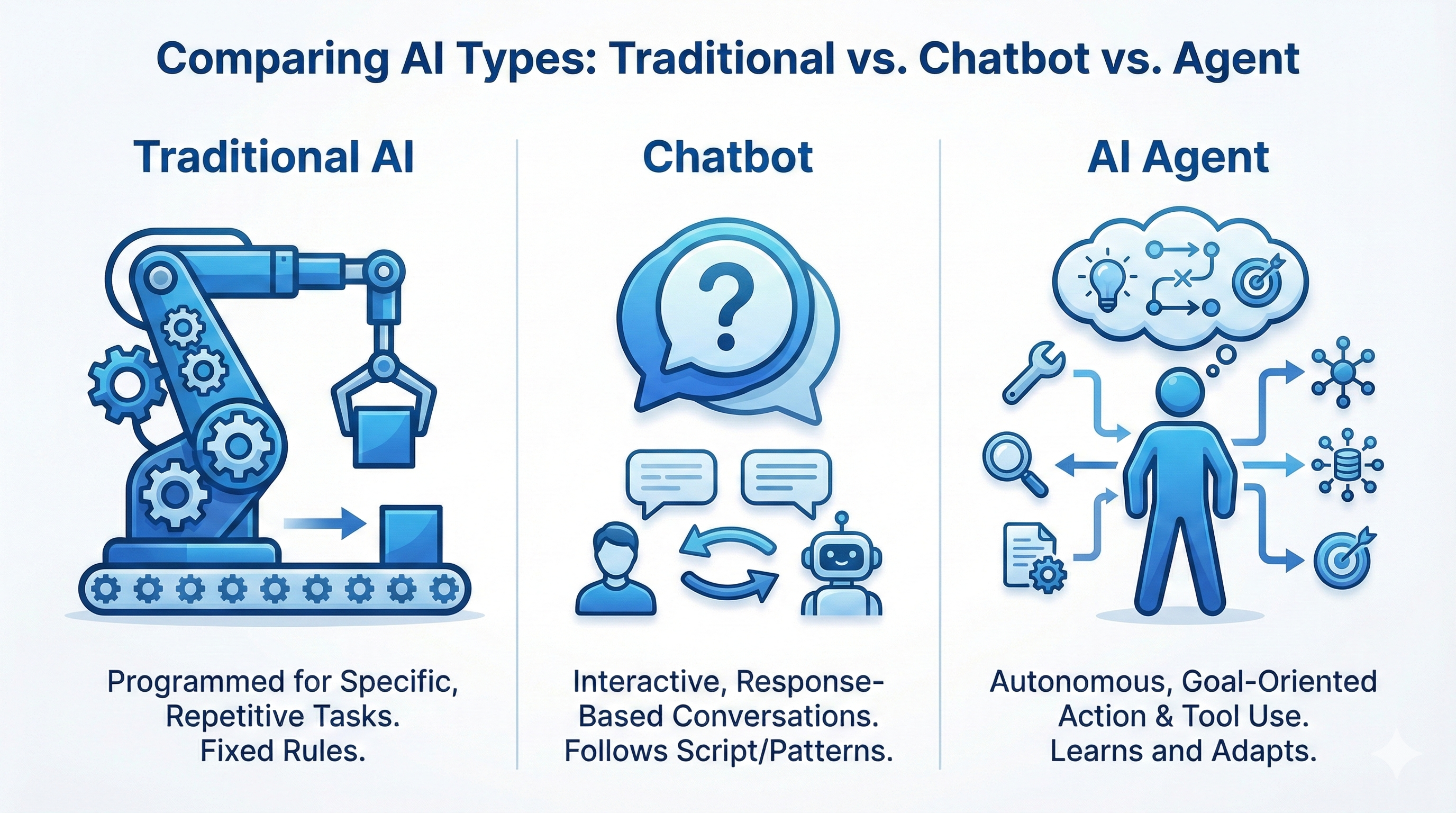 Agent vs Chatbot vs Traditional AI Comparison